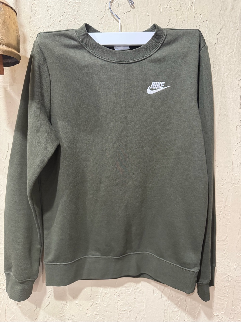 Nike Women's Olive Green Crewneck Sweatshirt with White Swoosh